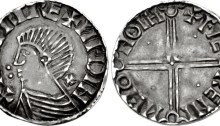 Hiberno-Norse. Sihtric III Olafsson. 995-1036. AR Penny (18mm, 1.16 g, 4h). Phase II coinage, long cross type. Difelin (Dublin) mint signature; ‘Faeremin,’ moneyer. Struck circa 1018-1035. + HNTRC RE+ ИFDIN, draped bust right; : to left, + behind neck / + FIE RENI ИFIΘ HΘIH, voided long cross, with triple crescent ends; pellet in each quarter. Cf. SCBI 8 (BM), 75 (for type); SCBI 32 (Ulster), 71 (same dies); SCBC 6125. Good VF, toned
