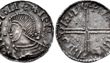 Hiberno-Norse. Sihtric III Olafsson. 995-1036. AR Penny (18.5mm, 0.85 g, 12h). Phase II coinage, Long Cross type. Uncertain mint signature; 'Nerrnii,' moneyer. Struck circa 1018-1035. + HNTRC RE+ II·N[...], draped bust left; two pellets before, cross behind / + NER RNII II MO IEIT, voided long cross, with triple crescent ends; pellet in each angle. O'S –; SCBI 22 (Copenhagen), 82 (same dies); D&F 23; SCBC 6125. Good VF, toned, struck from worn dies.