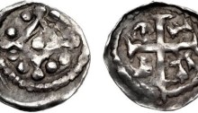 John. As Lord of Ireland, 1172-1199. AR Farthing (10mm, 0.27 g). Second (‘DOMinus’) coinage, Group II, cross pommée. Waterford mint; Gefrei, moneyer. Struck circa 1198-1199. Mascle with trefoils at quarters / Cross pattée; G Є F R in quarters. Withers VI p. 31; O'S, Earliest 4; SCBI 10 (Ulster), pl. XVI, 11 var. (arrangement of rev. legend); D&F 41; SCBC 6222. Near VF, toned, obverse slightly off center. Very rare