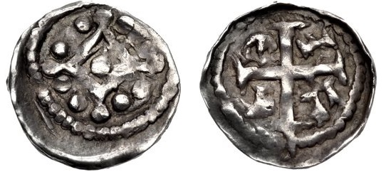 John. As Lord of Ireland, 1172-1199. AR Farthing (10mm, 0.27 g). Second (‘DOMinus’) coinage, Group II, cross pommée. Waterford mint; Gefrei, moneyer. Struck circa 1198-1199. Mascle with trefoils at quarters / Cross pattée; G Є F R in quarters. Withers VI p. 31; O'S, Earliest 4; SCBI 10 (Ulster), pl. XVI, 11 var. (arrangement of rev. legend); D&F 41; SCBC 6222. Near VF, toned, obverse slightly off center. Very rare