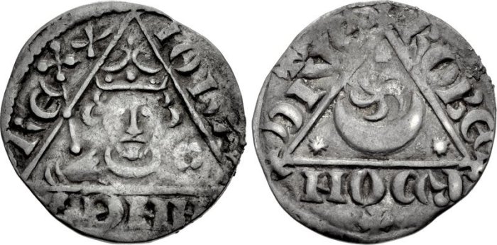 John REX 001 John. As King, 1199-1216. AR Penny Third (Rex Triangle) coinage. Dublin mint, Roberd