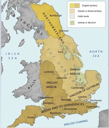 The Danelaw roughly comprised 14 modern shires: known today as York, Nottingham, Derby, Lincoln, Essex, Cambridge, Suffolk, Norfolk, Northampton, Huntingdon, Bedford, Hertford, Middlesex and Buckingham