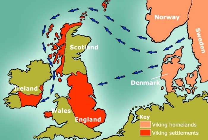 Two main waves of vikings raided and eventually migrated westwards – the Norse settled along the western coast of Scotland and down into Ireland, whereas the Danes mainly settled on the eastern seaboard of Britain. A smaller Swedish group initially settled in the Orkney Islands.