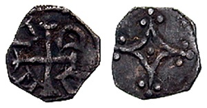 John, as Lord. 1190-1199. AR Farthing (0.35 gm). Second coinage. Dublin mint. Mascle with trefoils at corners / ADAM counter-clockwise around cross. The D not retrograde, as on most other known specimens. Seaby 6220; D&F 41. VF, deeply toned. Particularly fine style obverse. Very rare