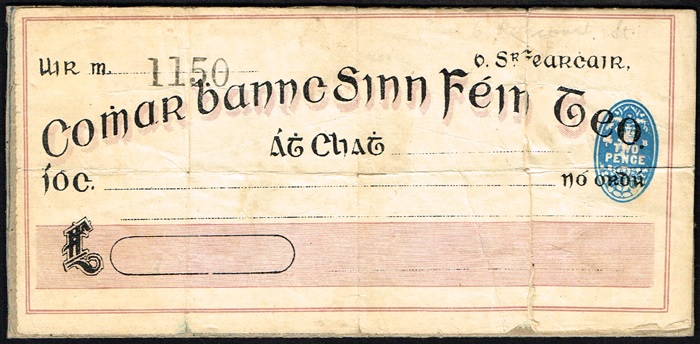 1908-21 Sinn Féin Bank cheque, unissued - formally the Sinn Féin Co-operative People's Bank, Ltd. (Irish: Comar-Bannc Sinn Féin, Teo.) was a co-operative bank in Ireland associated with Sinn Féin movement, which operated from August 1908 to October 1921. The bank was located at 6 Harcourt Street, Dublin.