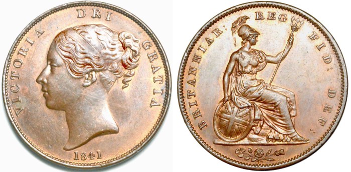1841 GB & Ireland Copper Penny (Victoria) - no colon after REG