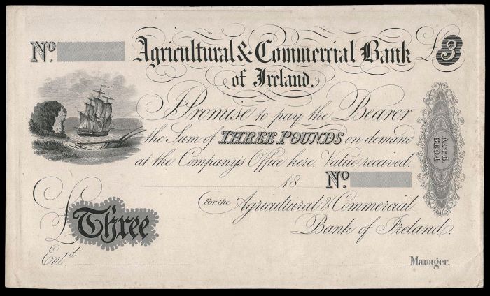 1811 Agricultural & Commercial Bank of Ireland, Three Pounds, 18-, proof on light card, no printers imprint (AG 3)