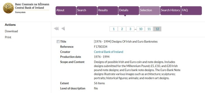 Searching the new Central Bank of Ireland Archive "online catalogue" is easy and this is an example of a search for "banknote design"