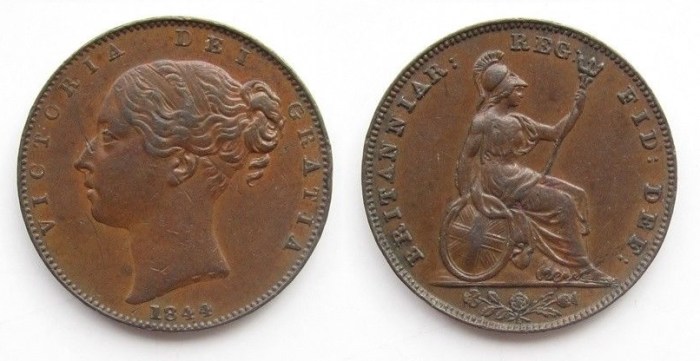 1844 GB & Ireland copper farthing (Victoria)