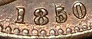 1850 GB & Ireland copper farthing (Victoria) - 5 over 5 in date variety