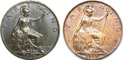 In 1918 GB & Ireland bronze farthing were no longer 'darkened' since there was no half-sovereigns in circulation. Both varieties exist for 1918.
