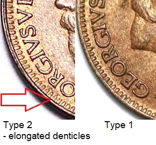1925-36 GB & Ireland bronze farthing (George V, Type 2 Obverse) showing the subtle design difference