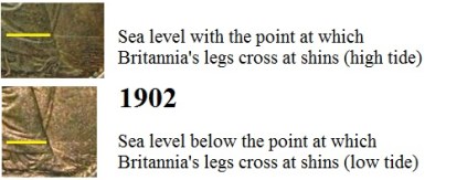 1902 GB & Ireland bronze penny (Edward VII, high & low tide varieties)