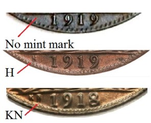 1918 and 1919 GB & Ireland George V bronze penny mint marks