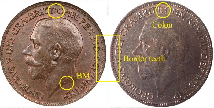 1926 GB & Ireland, George V bronze penny - how to identify the modified effigy