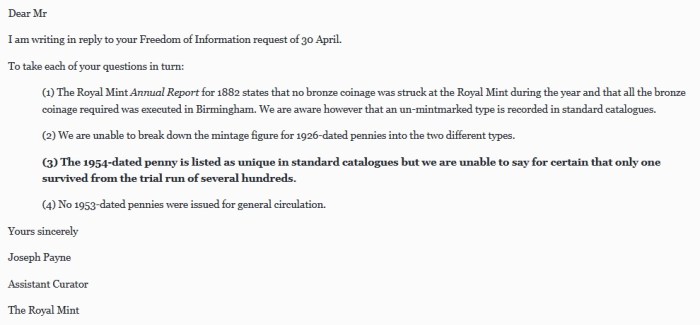 1954 Elizabeth II bronze penny - Reply to a Freedom of Information request in 2011.jpg