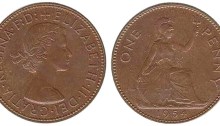 1954 Elizabeth II bronze penny