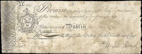 Dillon & Co, Ten Pounds, 22 May 1753, no. 809, for Thomas Dillon, Richard Ferrall and Co, signed by William Fitz Patrick