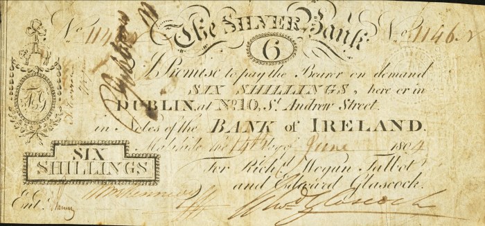 1804 Malahide, Co Dublin - The Silver Bank, Six Shillings, payable in Notes of the Bank of Ireland (large)
