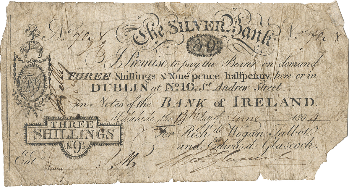 Early Irish Banknotes: The Silver Bank, Malahide (3 shillings