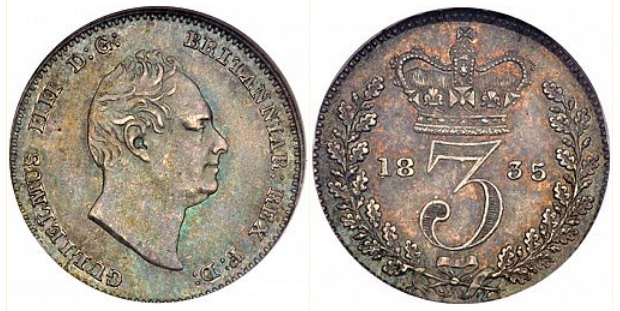 1835 GB & Ireland silver threepence (William IV). The Old Currency Exchange, Dublin