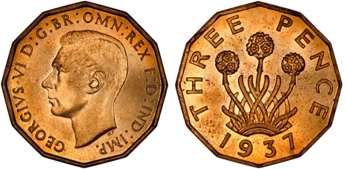 1937 GB & Northern Ireland brass threepence (The Old Currency Exchange, Dublin).