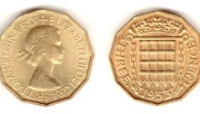 Type 1 Obverse, 1953 GB brass threepence