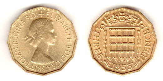 Type 1 Obverse, 1953 GB brass threepence