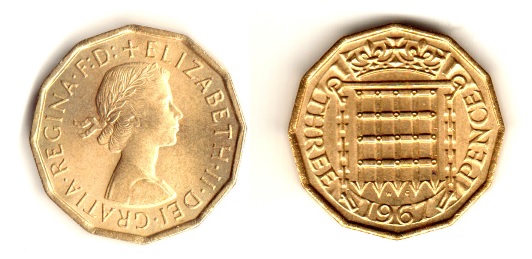 Type 2 Obverse, 1967 GB brass threepence