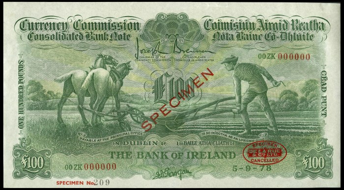 £100 ploughman, Bank of Ireland, One Hundred Pounds, specimen 1978 obverse