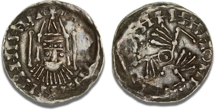 Hiberno-Norse coinage, c. 1065 - 1095, Penny, Dublin, Phase V, Facing bust, birds type