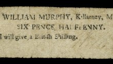1797 Killarney, William Murphy, Sixpence ha'penny, 7 March 1797, signed by William Murphy. The Old Currency Exchange, Dublin, Ireland.