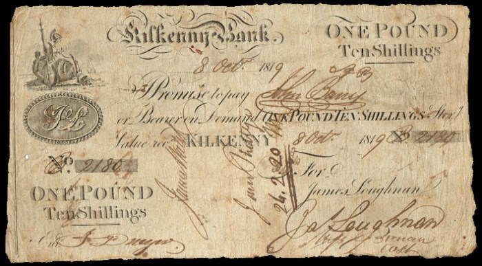 1819 The Kilkenny Bank. One pound &amp; ten shillings, dated 8th October 1819, signed by James Loughnan