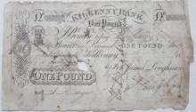 One Pound Sterling, The Kilkenny Bank (Loughnan's Bank), signed by James Loughnan. The Old Currency Exchange, Dublin, Ireland