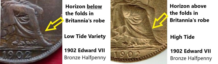 1902 GB & Ireland bronze halfpenny - high & low tide variety. The Old Currency Exchange, Dublin.