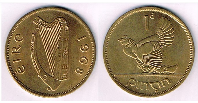 1968 Irish penny flan error E16i - struck in nickel-brass instead of bronze, with a copy of a letter, dated 3rd April 1975, from Royal Mint confirming it was an error. Very rare, uncirculated.