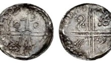 Hiberno-Norse. Circa 1065-1085/95. AR Penny (18mm, 0.54 g). Phase V coinage, Facing Bust type. Uncertain mint signature and moneyer. Stylized facing bust wearing pyramidal helmet / Voided long cross; ‘hand’ symbol in one quarter, S symbol in others. O'S 46; SCBI –; D&F 29; SCBC 6176. VF, toned. Well struck. Rare.