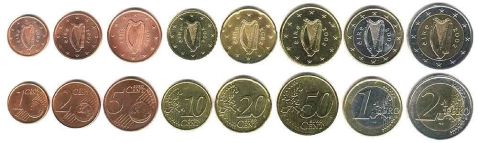Irish Euro Coins - 2002 Set (1c to €2). The OLd Currency Exchange, Dublin, Ireland.