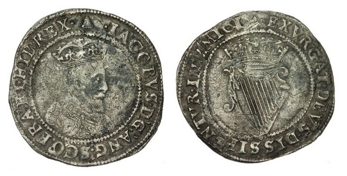 James I Silver Irish Shilling, First coinage, First bust, Mintmark Bell, 4.27g 28.4mm, S.6512. The Old Currency Exchange, Dublin, Ireland.