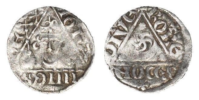 John, silver penny (REX coinage), Dublin mint, roberd moneyer. The Old Currency Exchange, Dublin, Ireland.