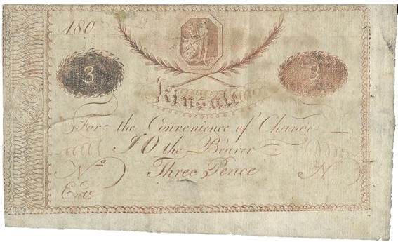 180_ Kinsale (Corporation), Threepence (for the convenience of change). The Old Currency Exchange, Dublin, Ireland.