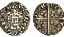 Edward I, fourth Irish coinage, Penny, Intermediate Issue, Dublin, type II, 1.40g, EDWR ANGLD NSHYB, rosette on breast, rev. CIVI TAS DVBL INIE, small letters, irregular,possibly clipped, good fine (S.6257) very rare. The Old Currency Exchange, Dublin, Ireland.