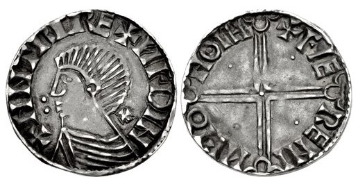 Hiberno-Norse Phase II silver penny, Dublin mint +Faeremin moneyer. cross pattee behind neck + two pellets in front. The Old Currency Exchange, Dublin, Ireland.