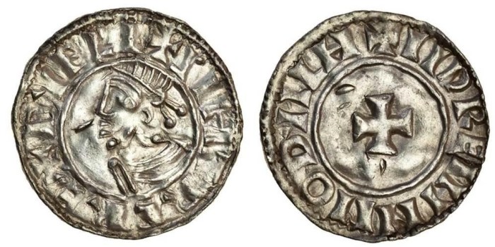 Hiberno-Norse Silver Penny (Phase I, Class D – Small Cross Type) in the name of Sihtric / Moneyer IIDREMIN. The Old Currency Exchange, Dublin, Ireland.
