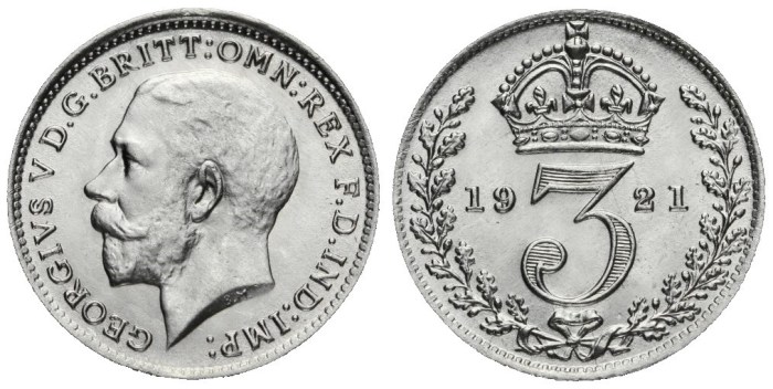 1921 GB & Ireland Silver Threepence (George V, Type 2a Obverse). The Old Currency Exchange, Dublin, Ireland.