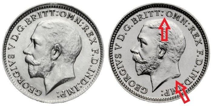 Spot the difference between the 'normal' and 'modified' effigy on the 1926 GB & Ireland Threepence. The Old Currency Exchange, Dublin, Ireland.