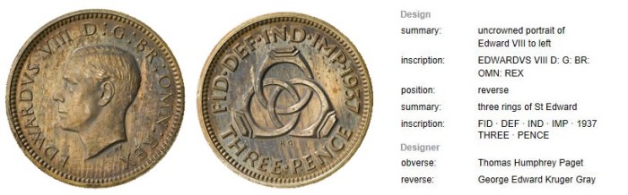 1937 GB & Ireland Silver Threepence (Edward VIII). The Old Currency Exchange, Dublin, Ireland.