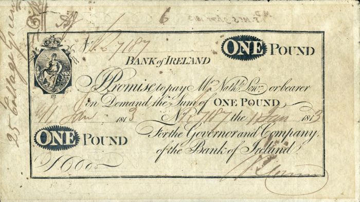Bank of Ireland One Pound note issued on 11 January 1813 and numbered 7187. The Old Currency Exchange, Dublin, Ireland.
