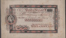 1820 Bank of Ireland, trial for £1, c.1820, printed using process patented in 1820 by Sir William Congreve, backed on card, very fine and rare. The Old Currency Exchange, Dublin, Ireland.