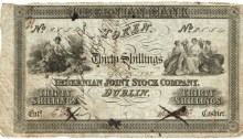 1827 Hibernian Bank Thirty Shillings Token, 1 February 1827. No. 3554. Countersigned front and back, cancelled with ink 'x' over clerk and cashier's signatures, rare. The Old Currency Exchange, Dublin, Ireland.